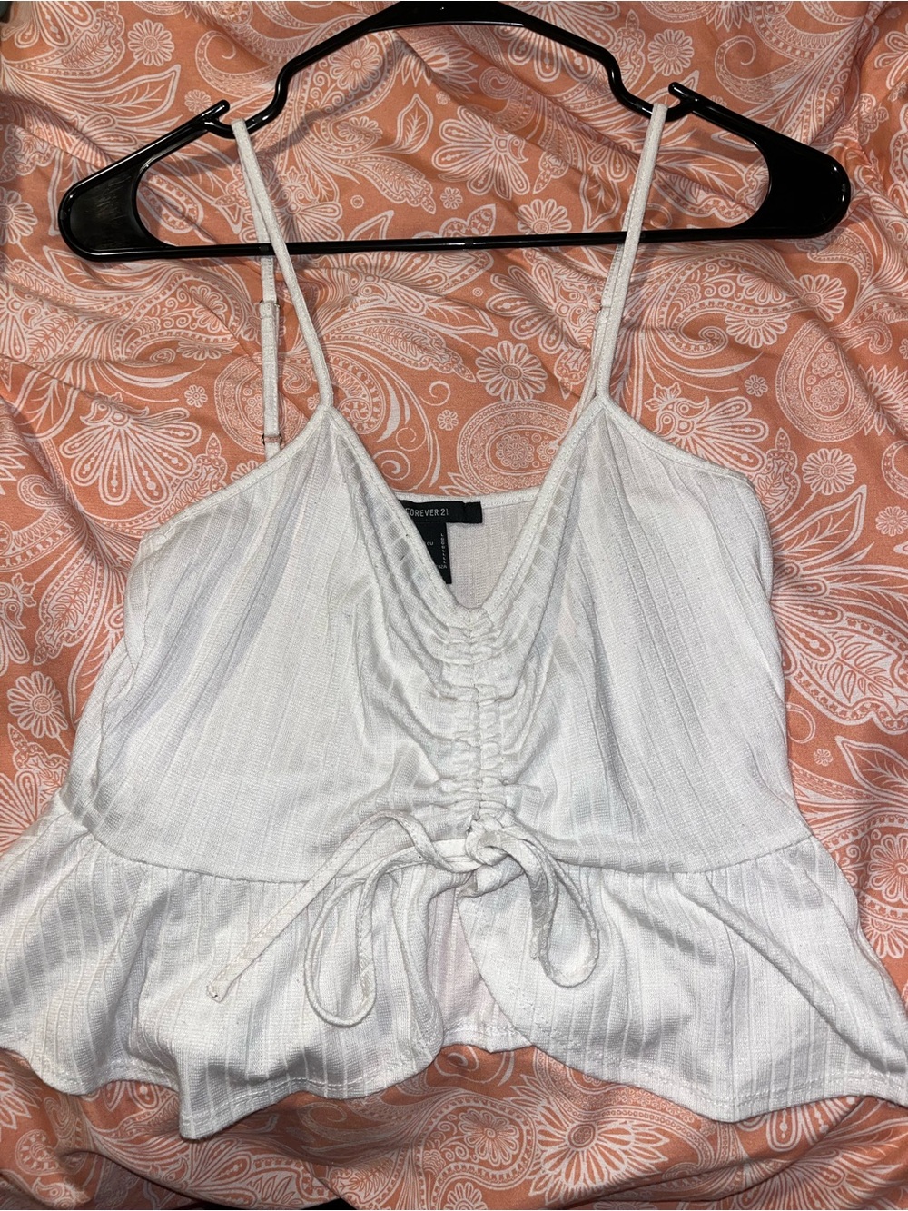 Forever 21 White Ruched Tie-Front Spaghetti Strap Crop Top
